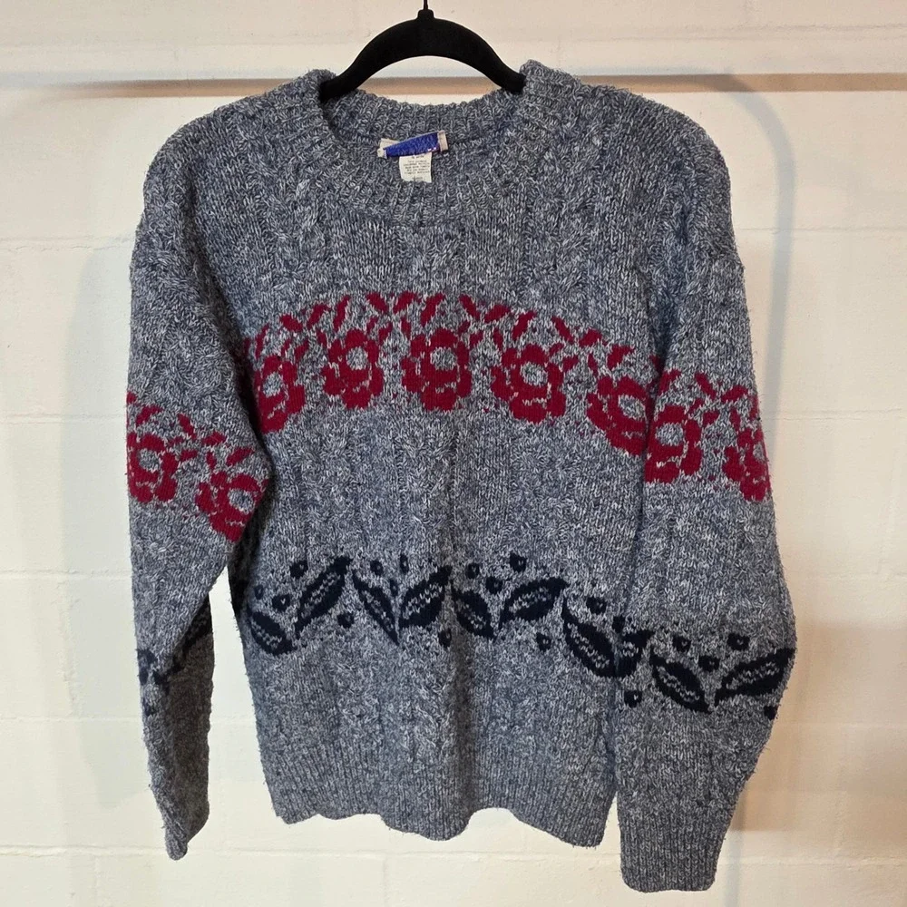 Vintage Cable Knit Fair Isle Sweater Blue Red Floral Navy Leaf Pattern Unisex M